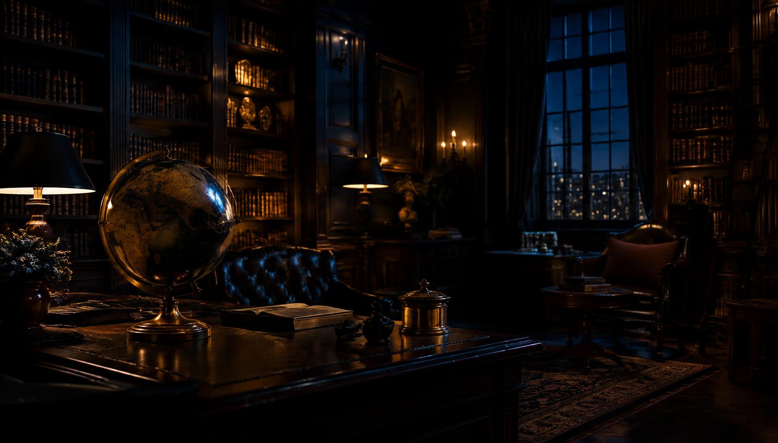 Candlelit private library with an antique globe